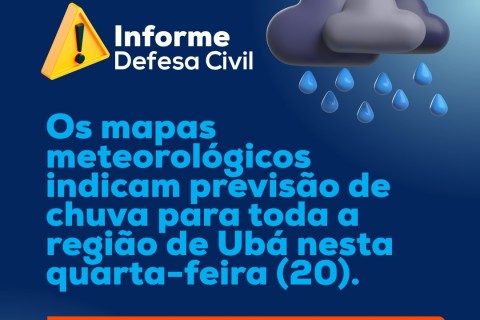⚠️ Alerta  de chuvas de 20 a 40mm para a cidade de Ubá no dia de hoje