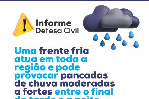 Defesa Civil. divulga alerta  de frente fria com chuvas moderadas a forte